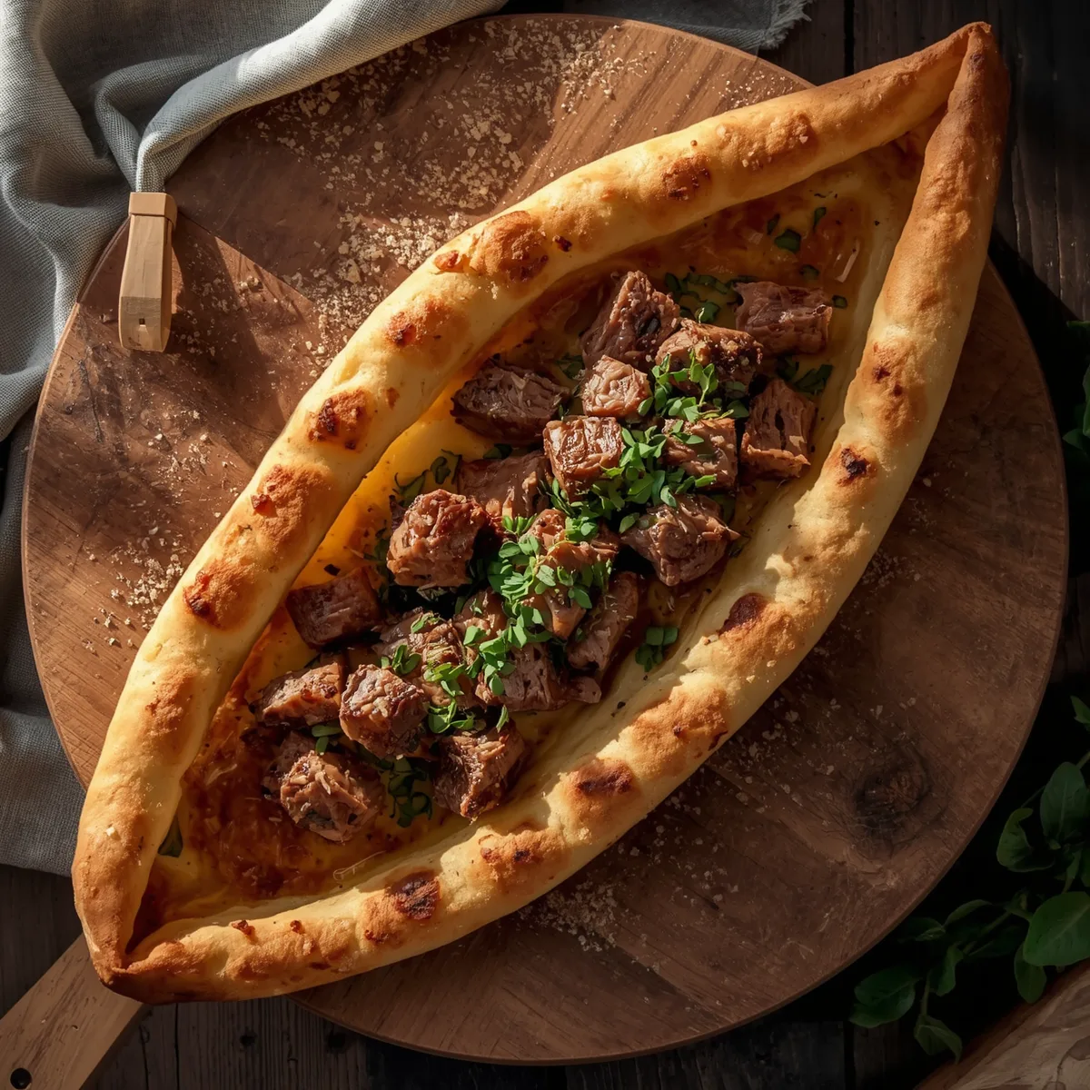 Kavurmali (grilled lamb shoulder) Pide