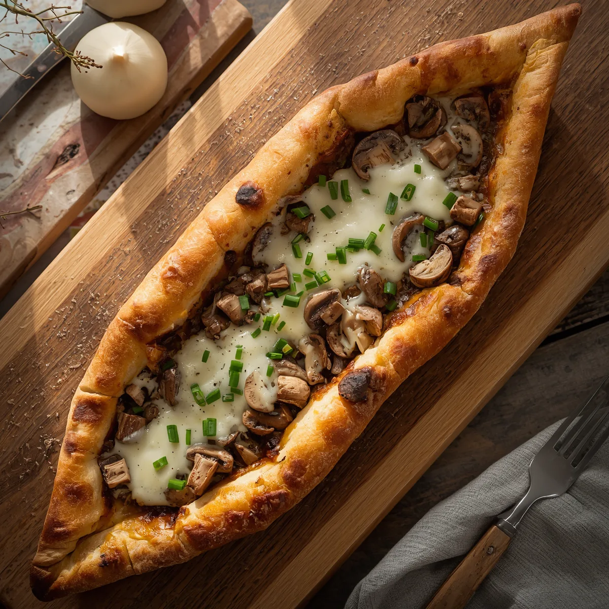 Mantar Kasarli (mushroom and cheddar) Pide
