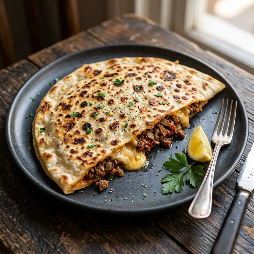 Minced lamb and cheddar Gözleme
